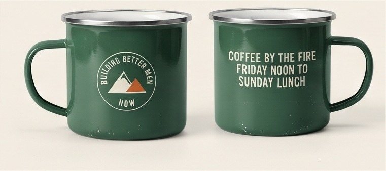 Pine green enamel camp mug with the BBM badge