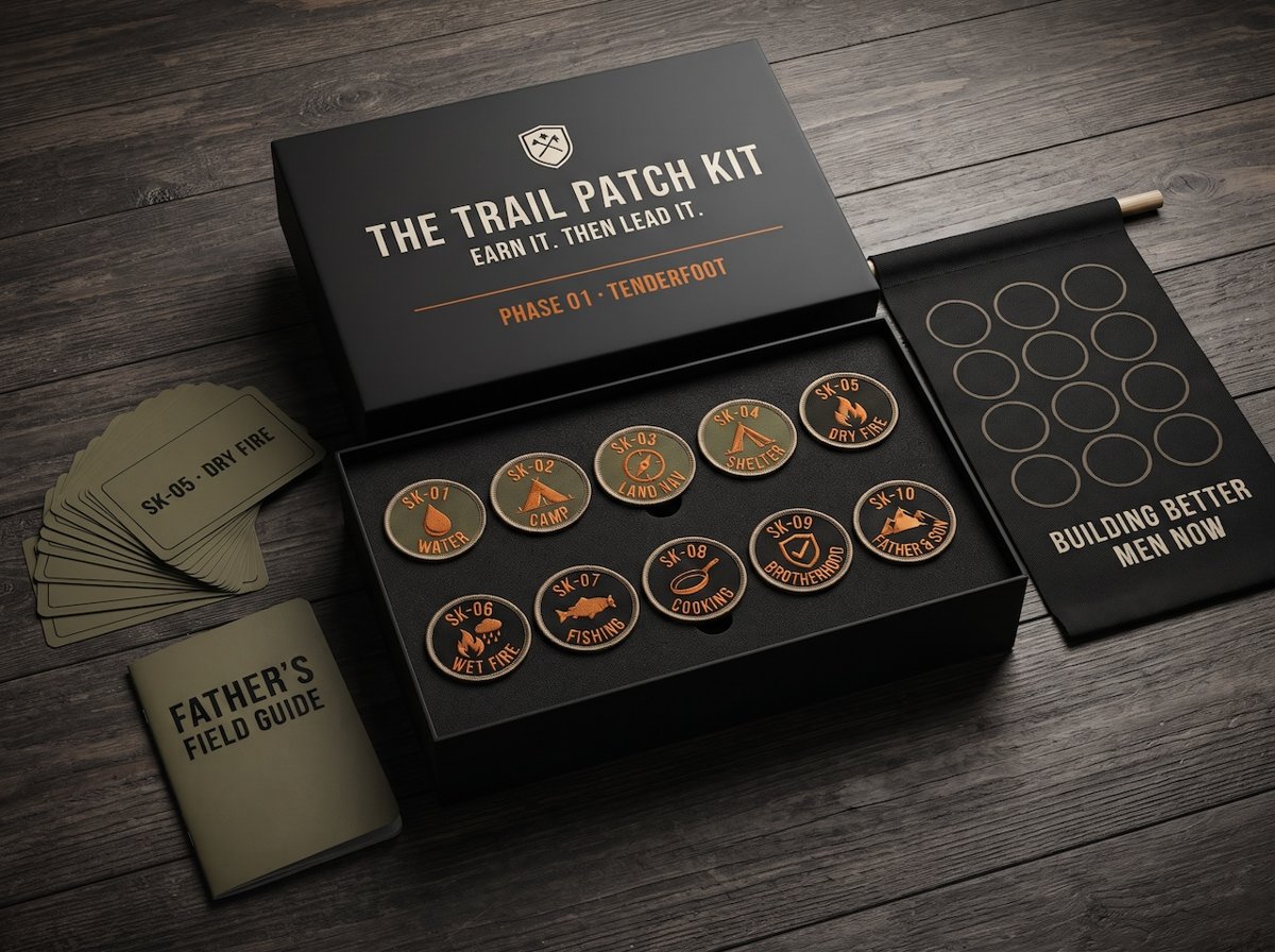 The Trail Patch Kit: a black box of embroidered skill patches with challenge cards, a black canvas banner and a Father's Field Guide